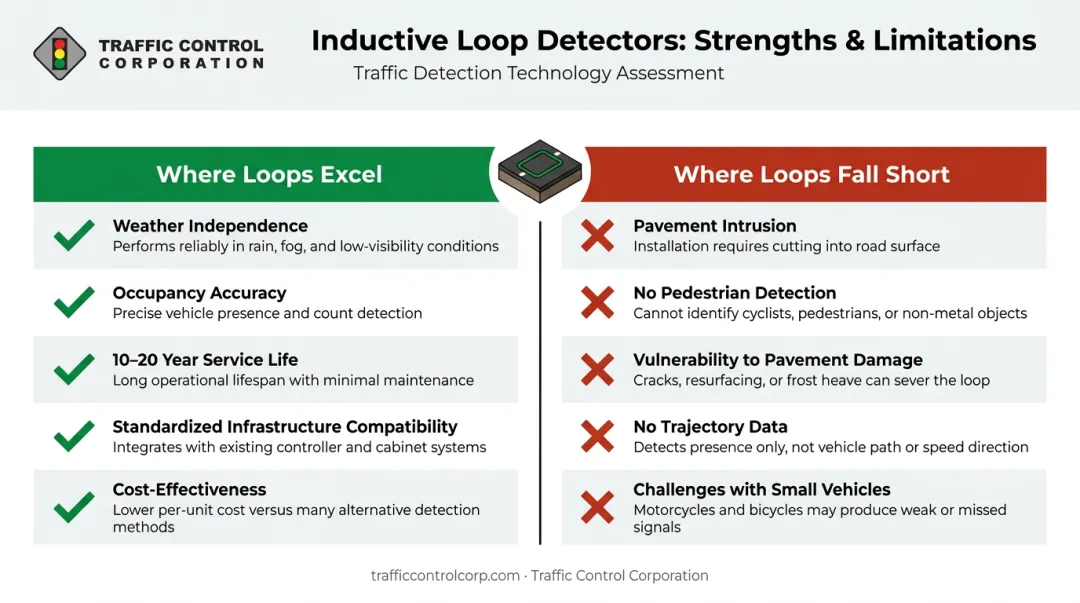 Inductive loop sensor strengths versus limitations side-by-side comparison infographic for traffic engineers