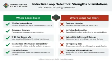 Inductive loop sensor strengths versus limitations side-by-side comparison infographic for traffic engineers