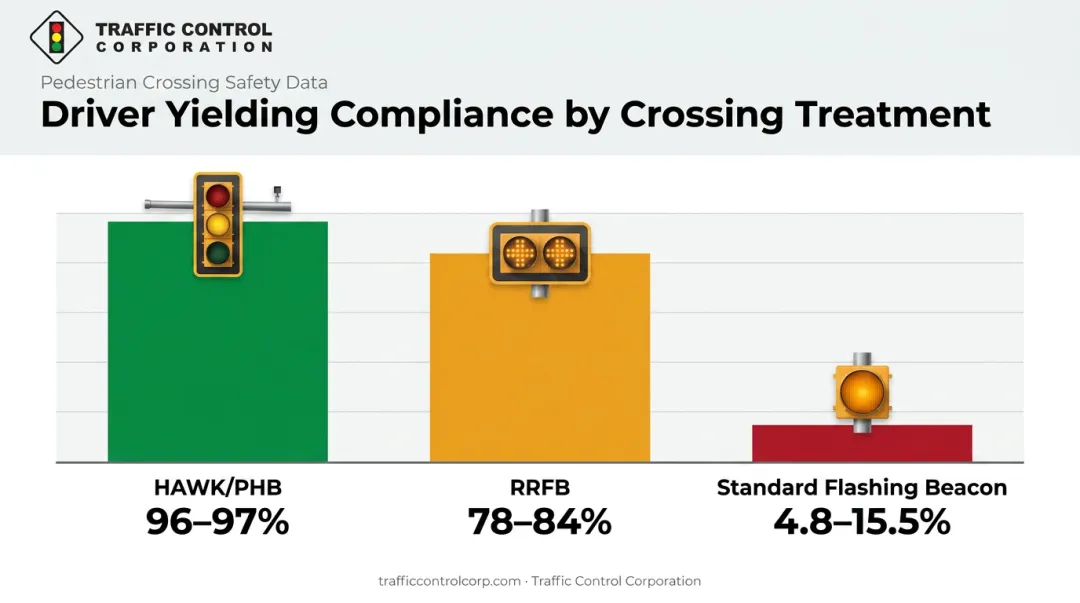 HAWK signal versus RRFB and standard beacon driver compliance rate comparison
