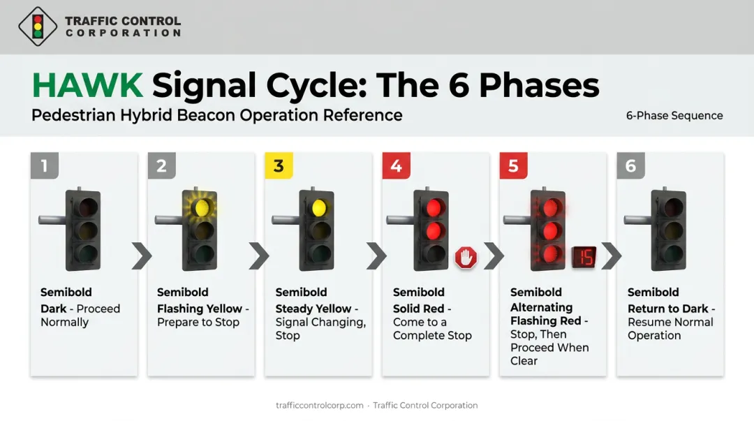 6-phase HAWK pedestrian signal sequence from dark to flashing red