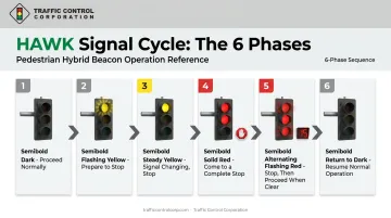 6-phase HAWK pedestrian signal sequence from dark to flashing red