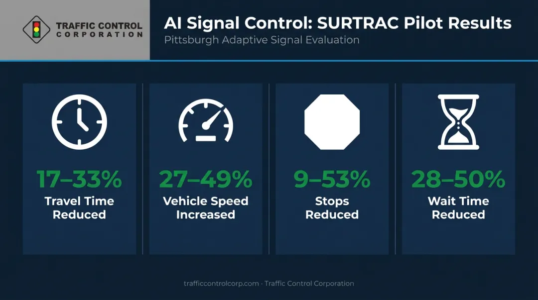SURTRAC AI traffic signal system Pittsburgh pilot study performance metrics infographic