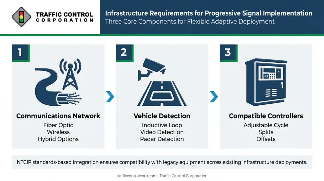 Three essential infrastructure components required to implement flexible progressive signal system