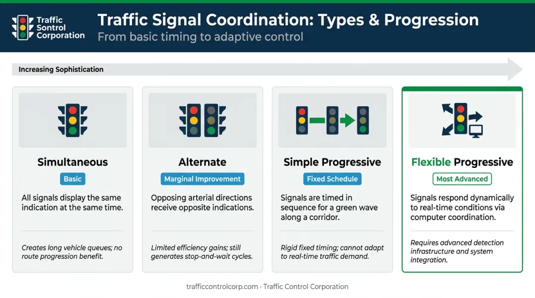 Four traffic signal system types comparison from simultaneous to flexible progressive