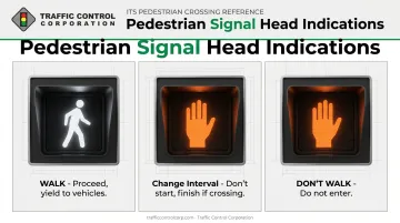 Three pedestrian signal indications showing colors symbols and meanings