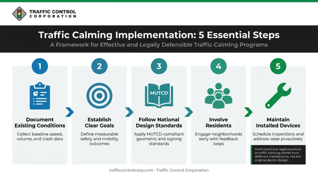 Five-step traffic calming implementation process from documentation to device maintenance