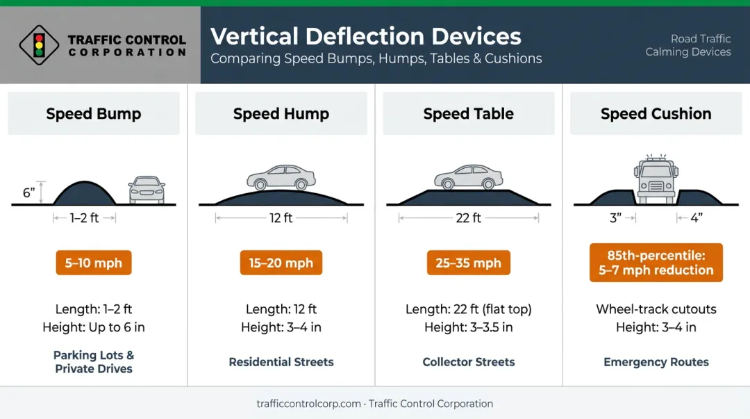 Four vertical deflection traffic calming devices specs dimensions and target speed comparison