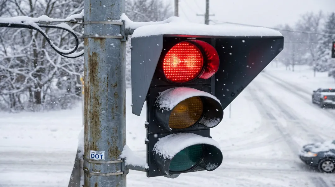 Snow-proof visor installed on red traffic signal lens in winter conditions