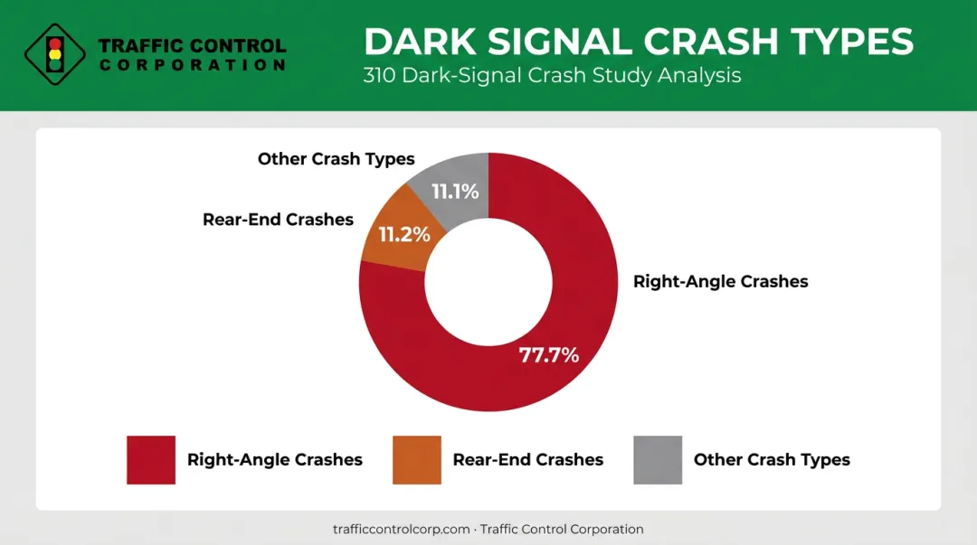 Dark traffic signal crash type breakdown showing right-angle versus rear-end percentages