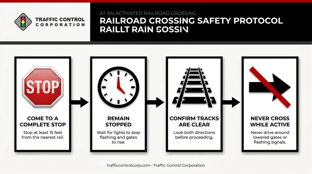 Four-step driver action sequence when railroad crossing lights flash red