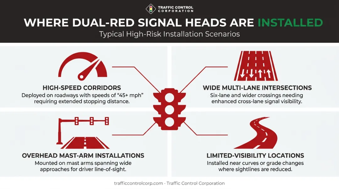 Four common locations requiring dual red traffic signal lens installations