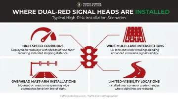 Four common locations requiring dual red traffic signal lens installations
