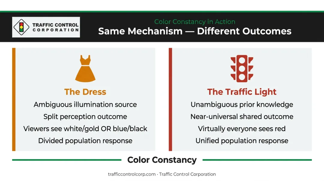 Traffic light illusion versus dress debate color constancy comparison infographic