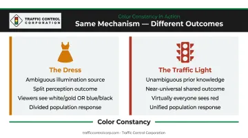 Traffic light illusion versus dress debate color constancy comparison infographic
