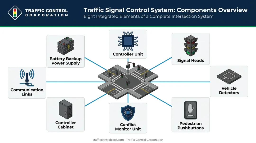 Complete traffic signal control system components diagram with eight required elements