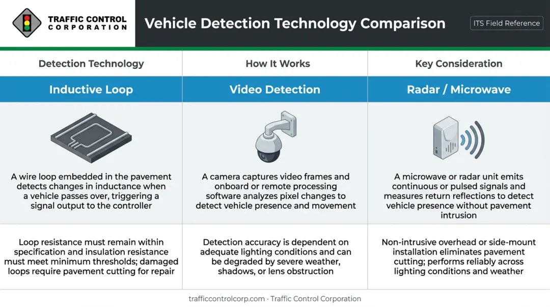 Three traffic signal vehicle detection technologies comparison inductive loop video radar