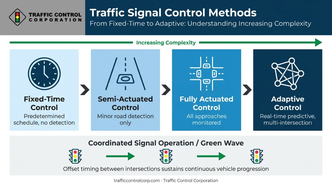 Four traffic signal control methods comparison from fixed-time to adaptive systems