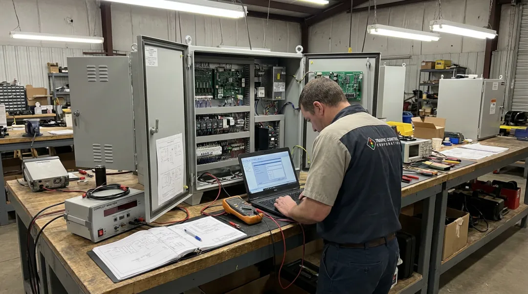 TCC field technician performing traffic signal cabinet inspection audit