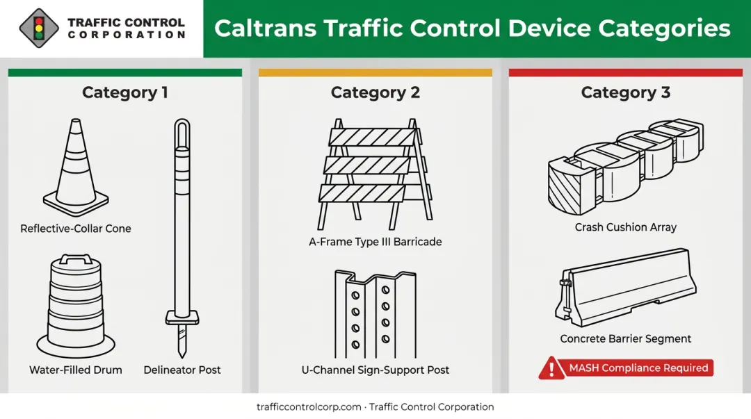 Caltrans traffic control device categories 1 2 3 comparison chart