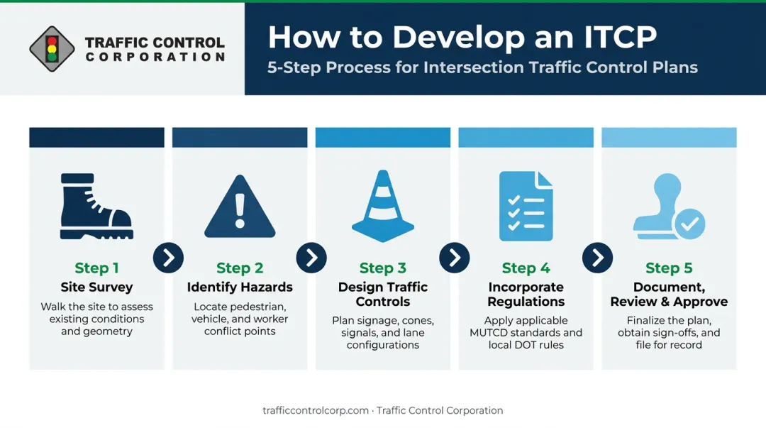 5-step ITCP development process flow from site survey to approval and distribution