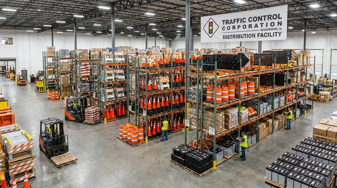 TCC Woodridge Illinois warehouse facility with organized traffic equipment inventory