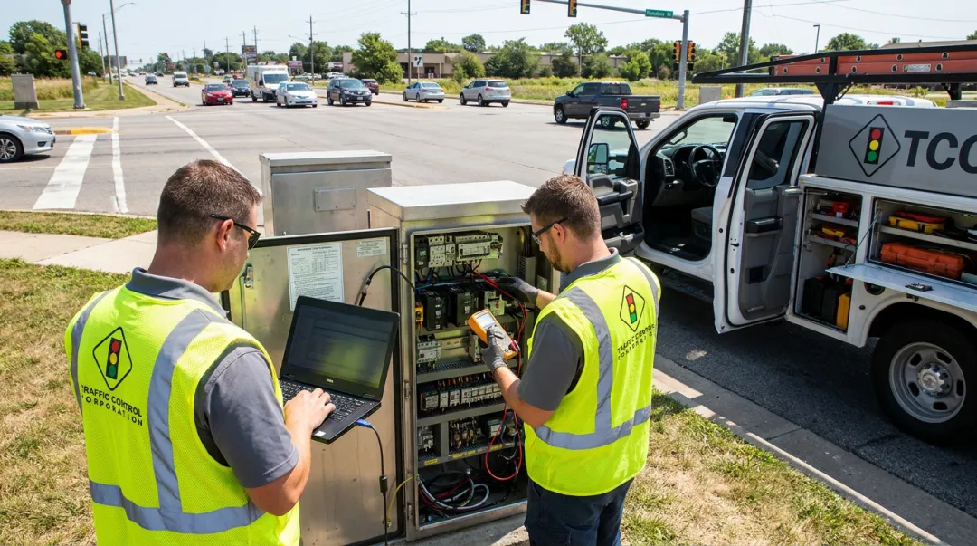 TCC factory-trained field technicians servicing traffic signal controller equipment