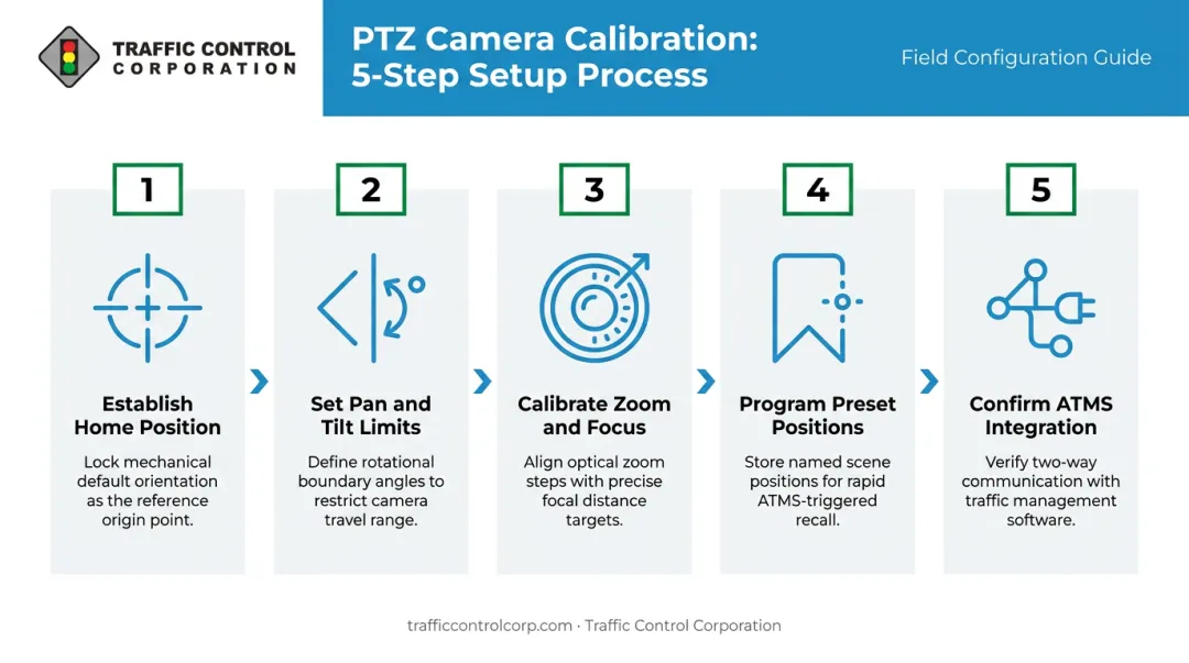5-step PTZ camera calibration process flow from home position to system integration
