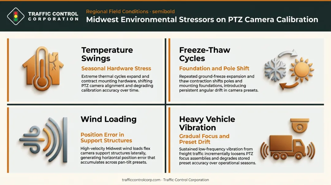 Four Midwest environmental factors accelerating PTZ camera calibration drift infographic
