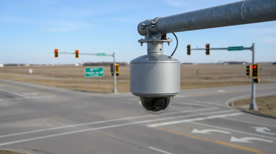 PTZ traffic camera mounted on roadside pole at active Midwest intersection