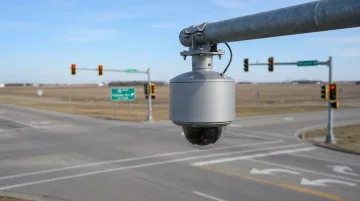 PTZ traffic camera mounted on roadside pole at active Midwest intersection