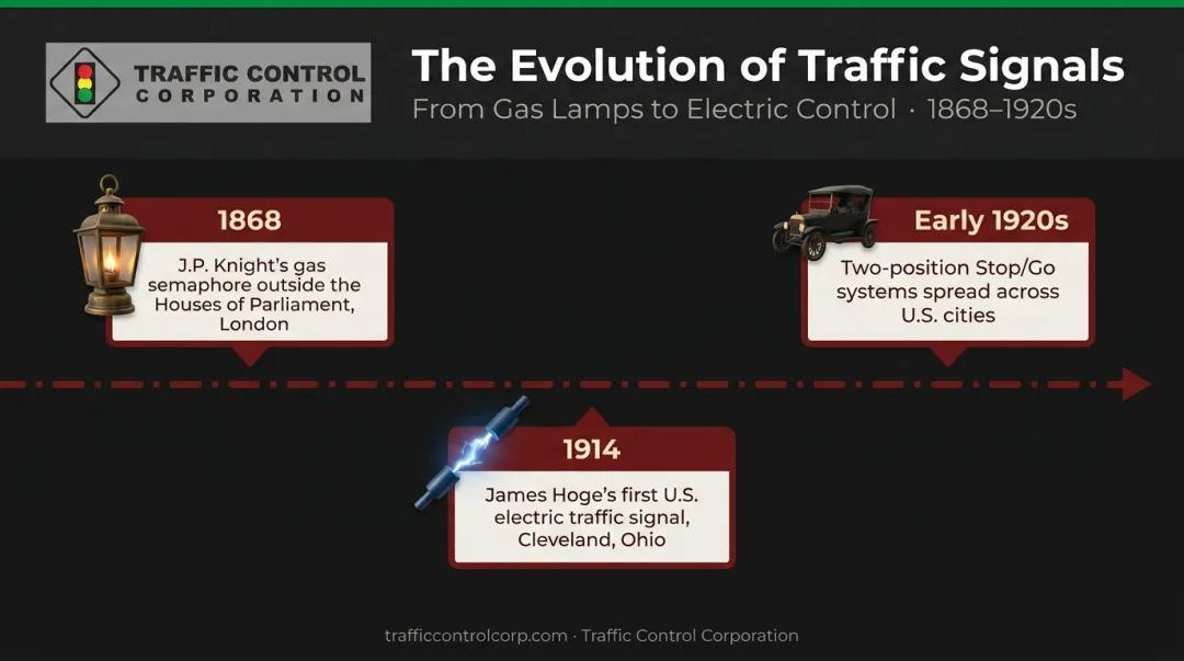 Early traffic signal history timeline from 1868 London to 1920s USA