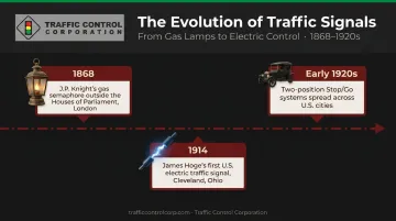 Early traffic signal history timeline from 1868 London to 1920s USA