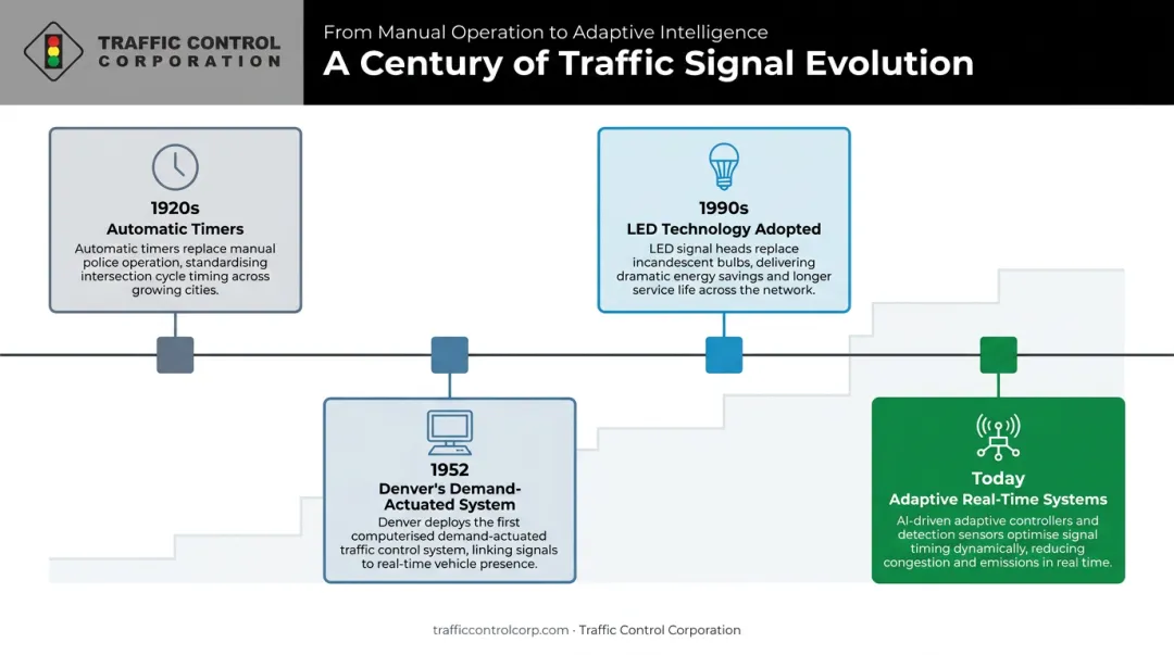 Traffic signal technology evolution timeline from 1920s manual operation to modern adaptive systems