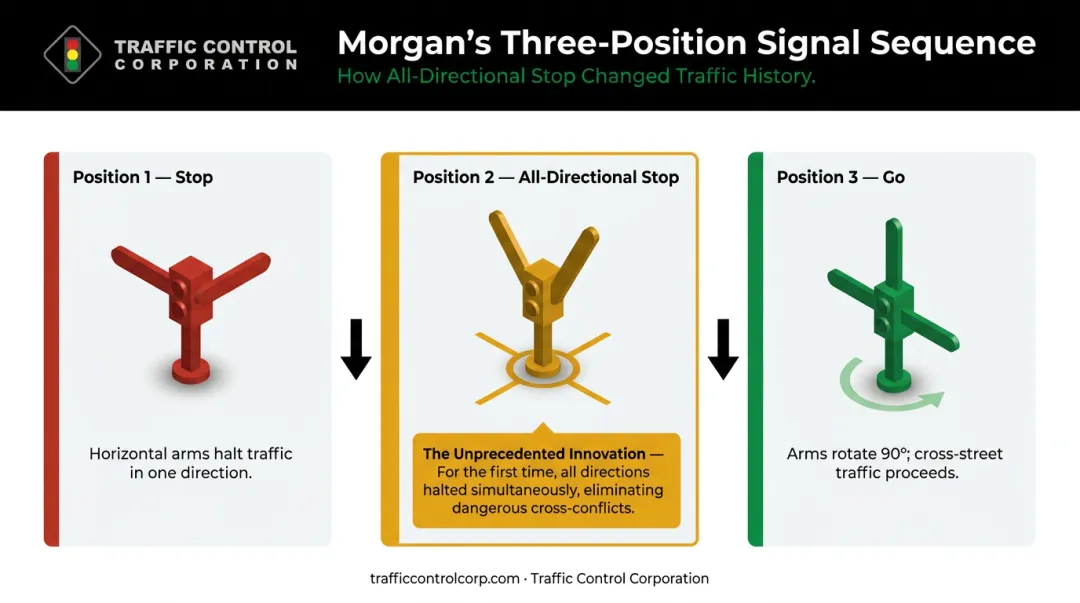 Garrett Morgan three-position traffic signal operating sequence step-by-step diagram