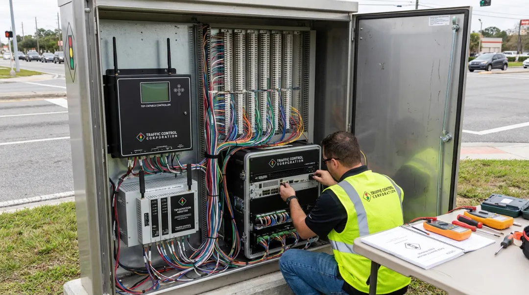 Traffic signal cabinet with TSP-capable controller and priority processing equipment installed