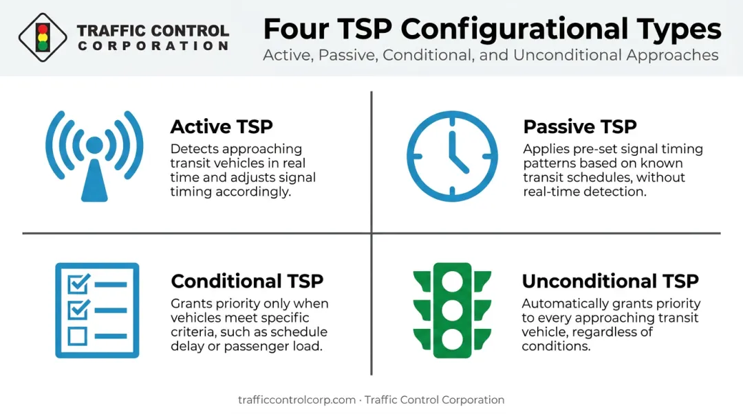 Four types of transit signal priority active passive conditional unconditional comparison
