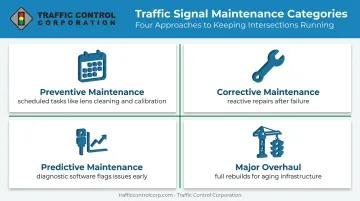 Four types of traffic signal maintenance preventive corrective predictive overhaul infographic