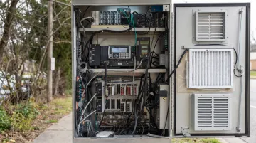 Open traffic signal cabinet showing wiring controllers and maintenance components