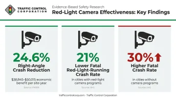 Red-light camera safety effectiveness statistics showing crash and fatality reduction data