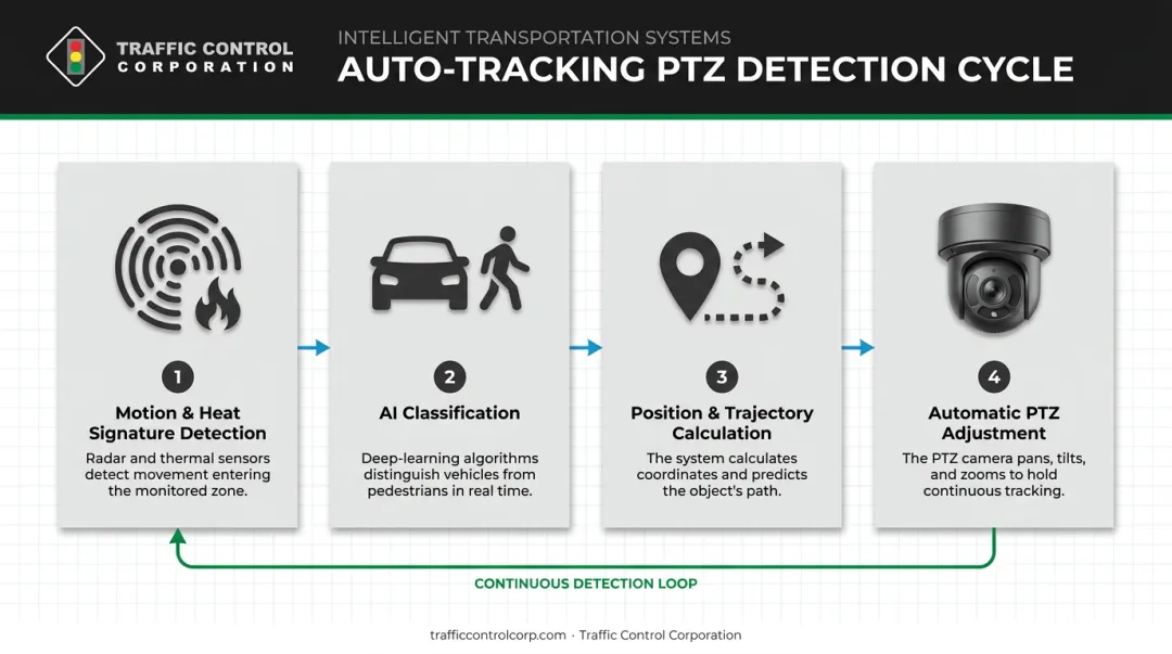 4-step auto tracking PTZ camera detection to tracking pipeline