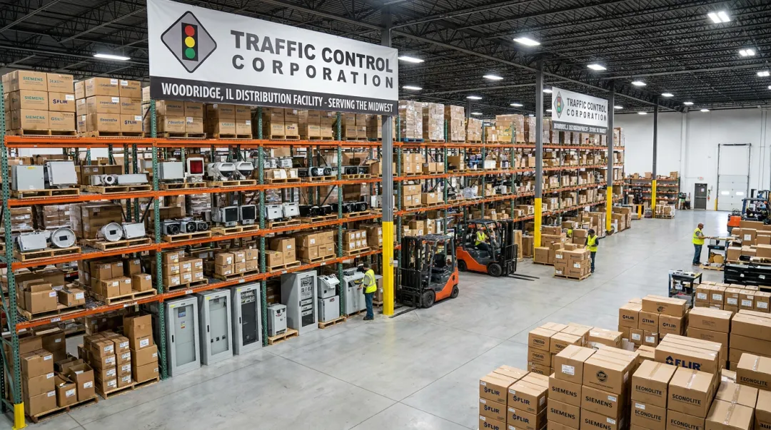 TCC distributor warehouse facility with multi-manufacturer traffic sensor inventory