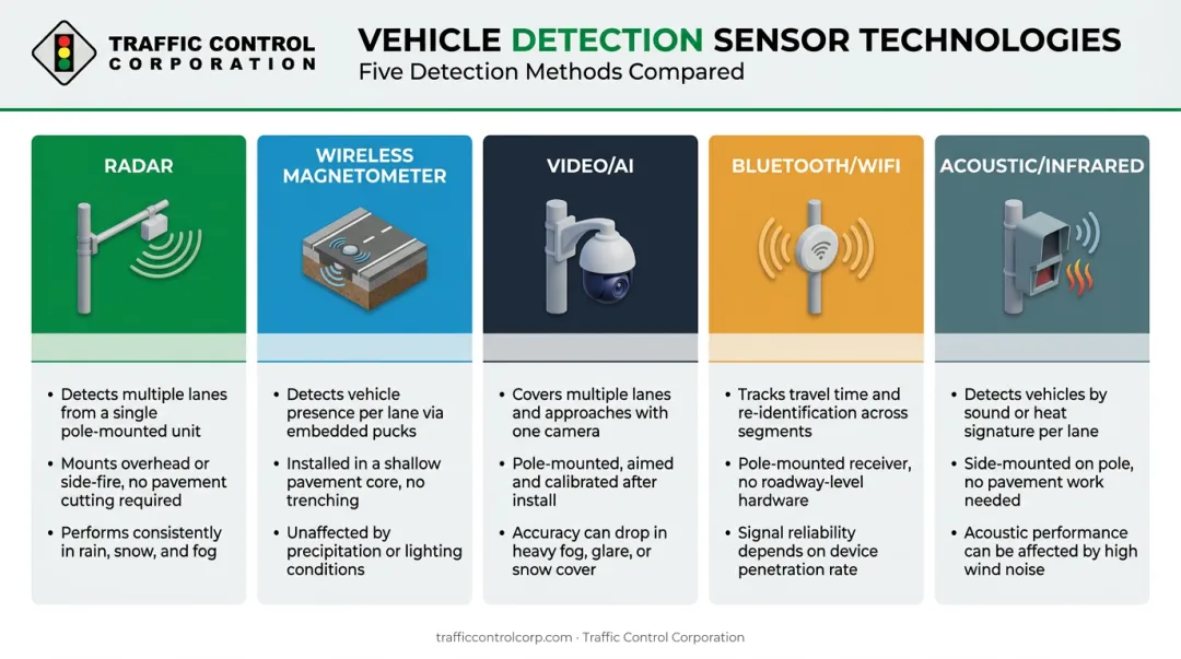 Comparison chart of five wireless traffic sensor detection technologies and features