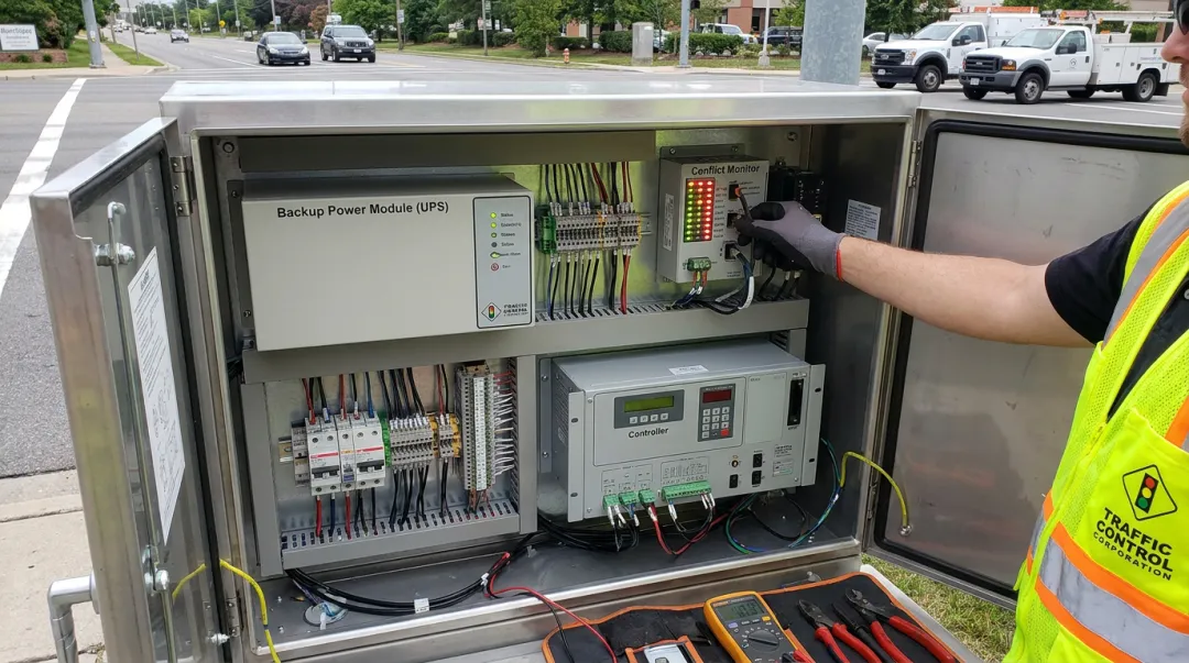 Traffic signal cabinet components including conflict monitors and backup power systems