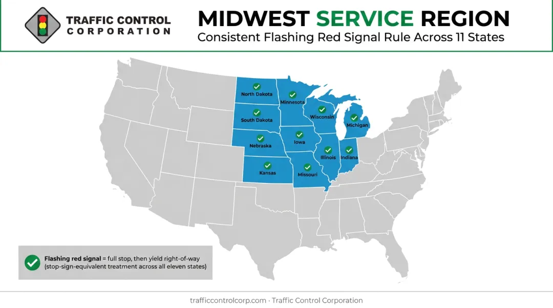 Midwest states map showing flashing red light stop-then-yield rule consistency