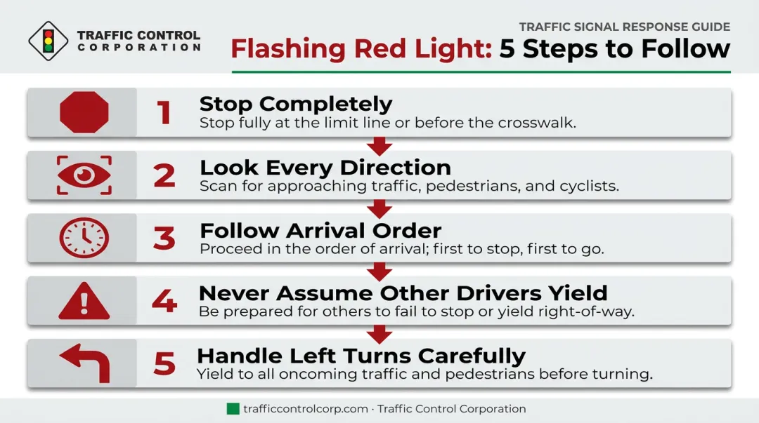 5-step flashing red light intersection procedure from stop to proceed