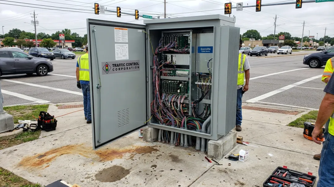 Econolite Cobalt traffic signal controller cabinet installed at roadside intersection