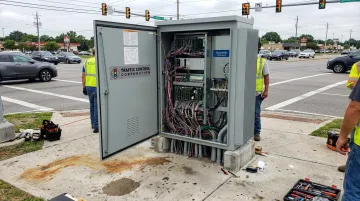 Econolite Cobalt traffic signal controller cabinet installed at roadside intersection