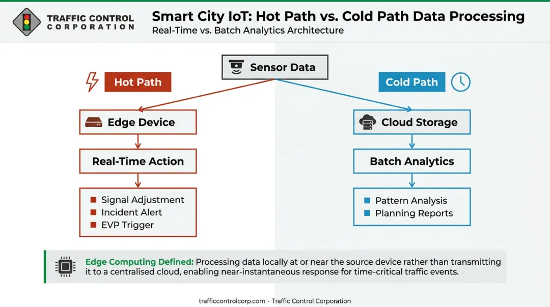 Smart city IoT hot path versus cold path data processing architecture comparison diagram