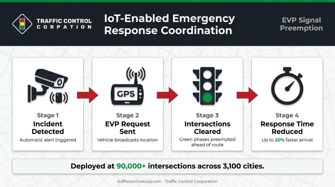 IoT emergency vehicle preemption system workflow from incident detection to intersection clearance