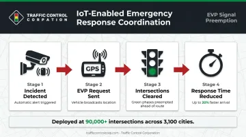 IoT emergency vehicle preemption system workflow from incident detection to intersection clearance